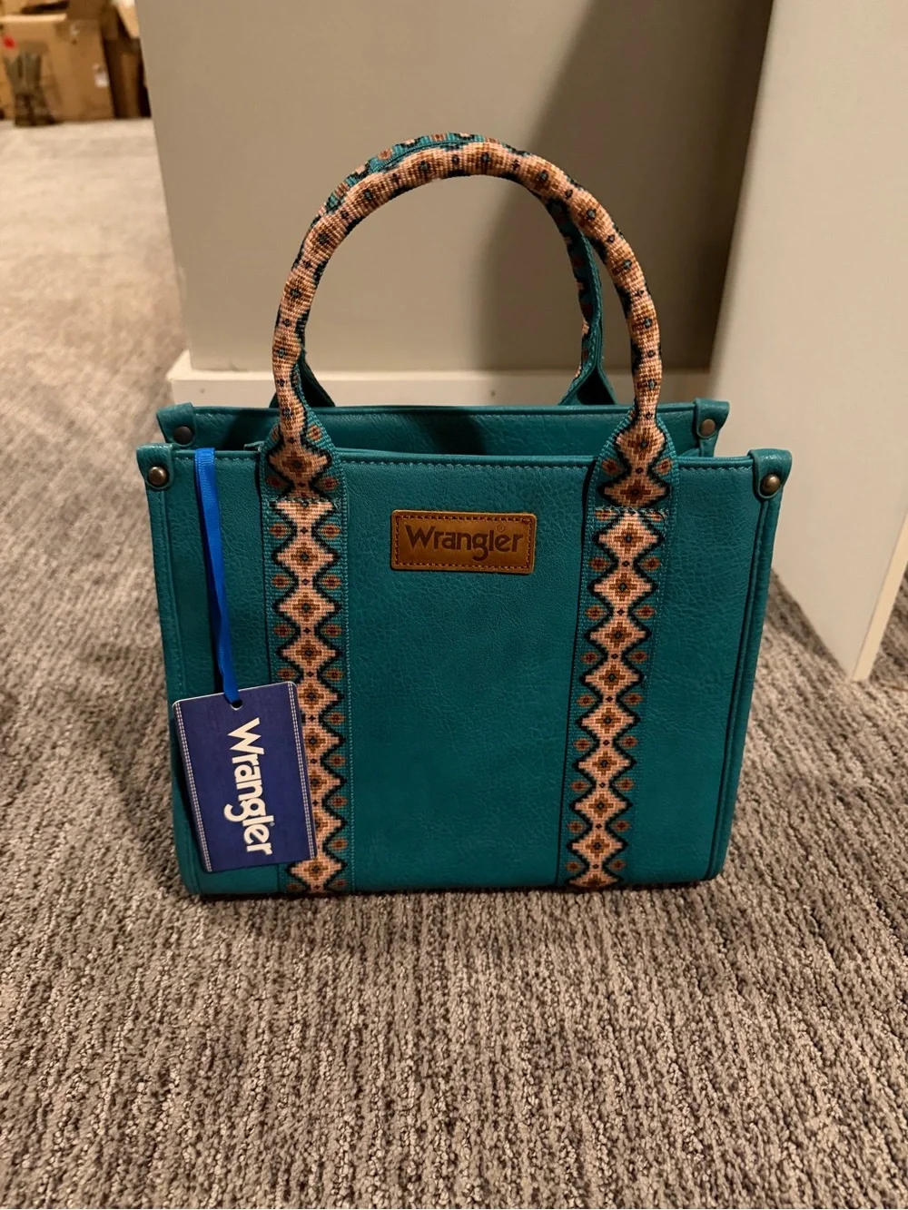 Wrangler Teal Faux-Leather Satchel with Patterned Woven Trim